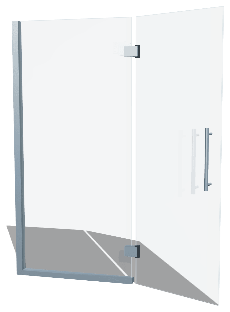 3D render of a frameless shower enclosure with a fixed pane, a hinged door, two hinges and a bar handle